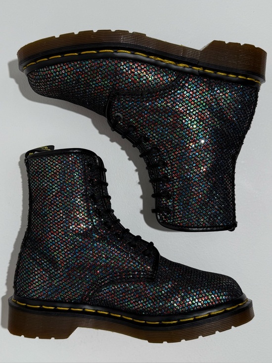 Vintage 90s Dr. Martens Glitter Black Fishnet Fabric 1460 England Boots UK 4